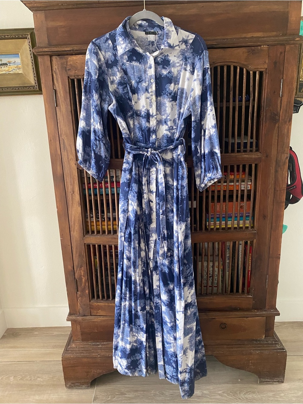 Venus Blue & White Tie-Dye Maxi Shirt Dress with Self Belt - Sz 6